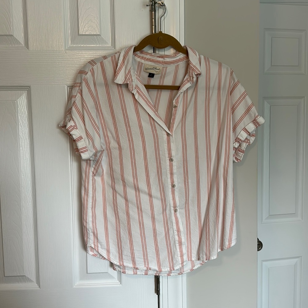 Peach and white stripped short sleeve button down top